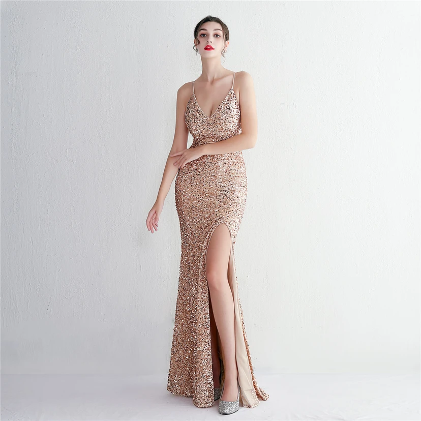Paillettenbesetztes Abendkleid mit Samtsaum, langen Trägern und schmaler Silhouette für elegante Bankette view 57