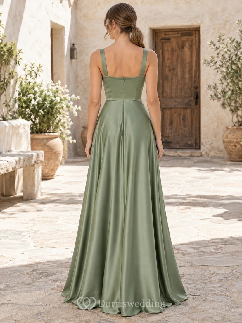 Vestido largo de dama de honor sencillo, color verde salvia, con escote cuadrado y tirantes, de satén y corte en A. view 2