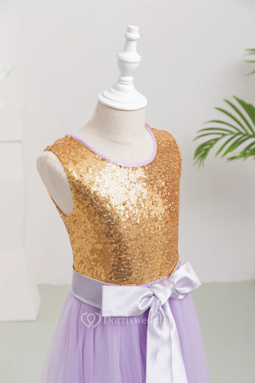 Two-Tone Scoop-neck Empire Tulle A-line Flowergirl Dress with Bow view 4