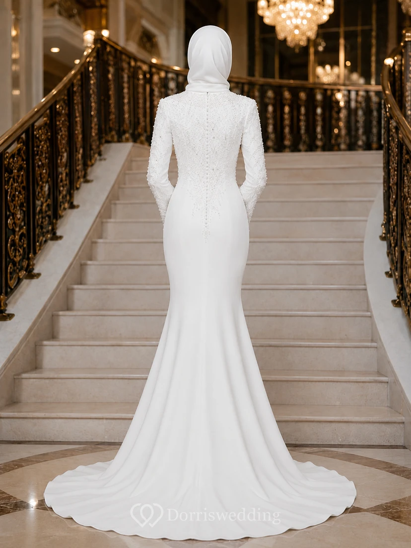 Robe de mariée sirène luxueuse à hijab et perles, style musulman, coupe escalier, style sirène. view 2