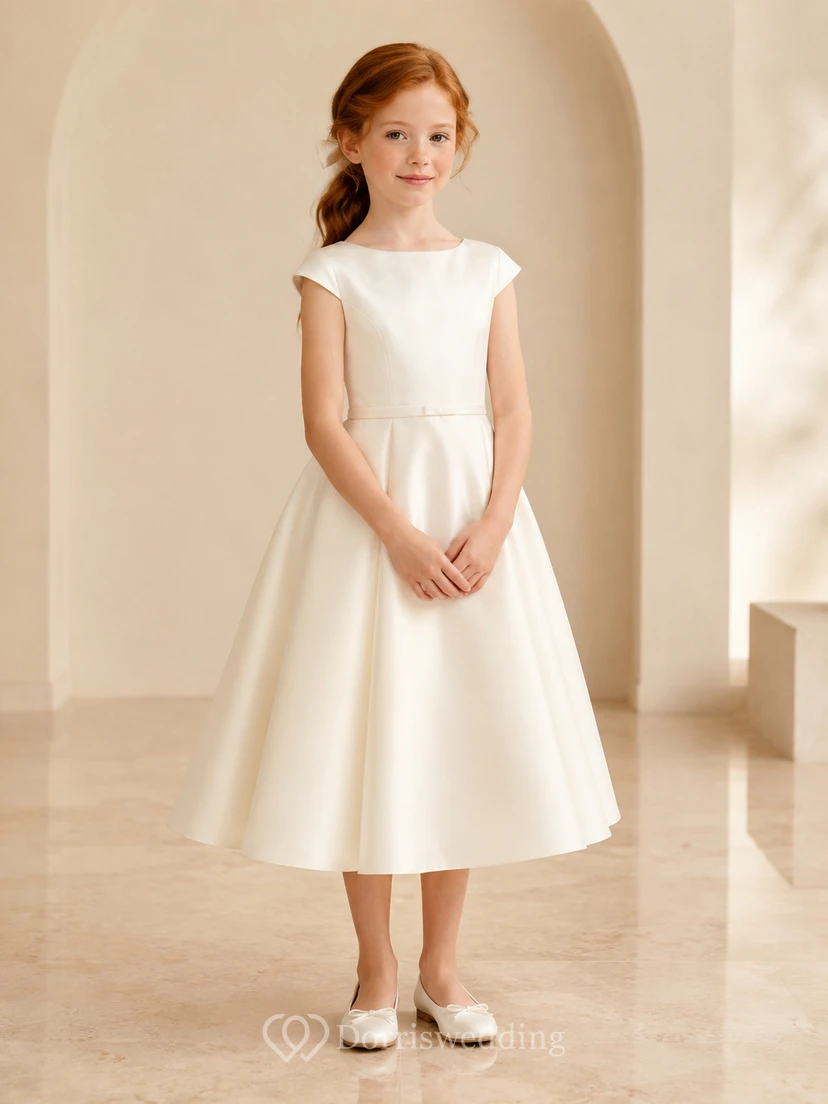 Cap Sleeve Satin A-Line Flower Girl Dress with Knee-Length Skirt and Pleated Skirt