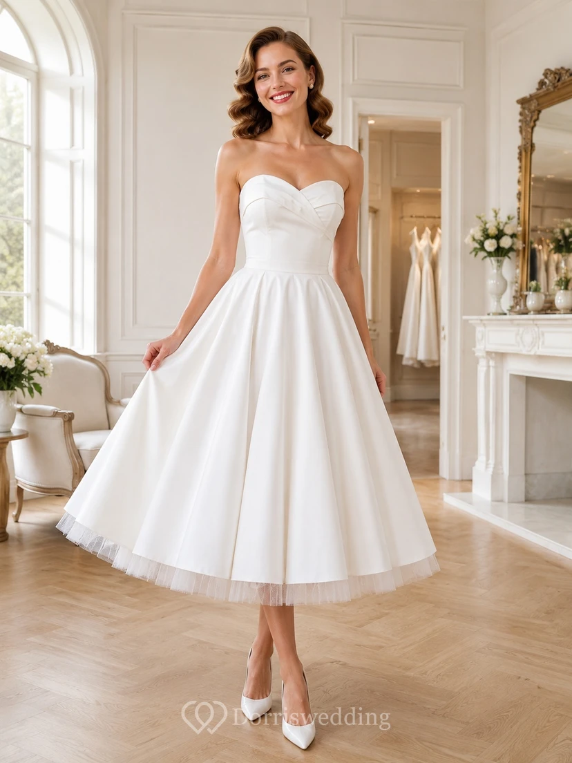 White Strapless Sweetheart Satin A-Line Tea-Length Vintage Cocktail Party Dress