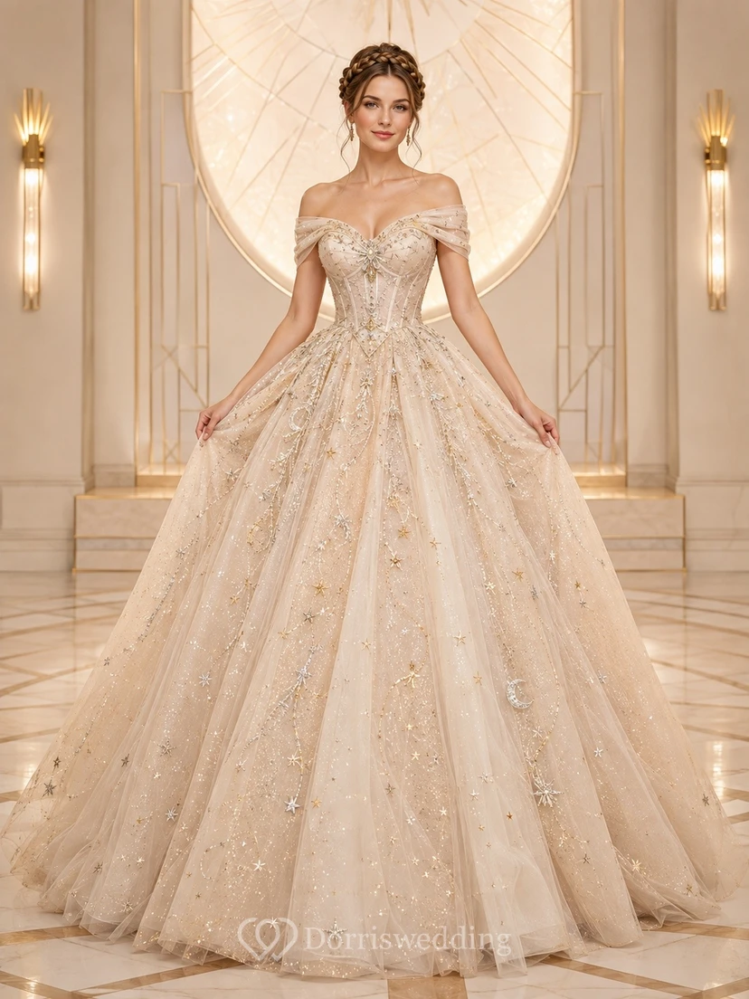 Champagnerfarbenes, schulterfreies, besticktes Tüll-Ballkleid
