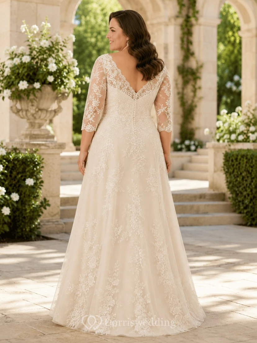 Plus Size Ivory Lace V-Neck Three-Quarter Sleeve A-Line Floor-Length Vow Renewal Dress view 2