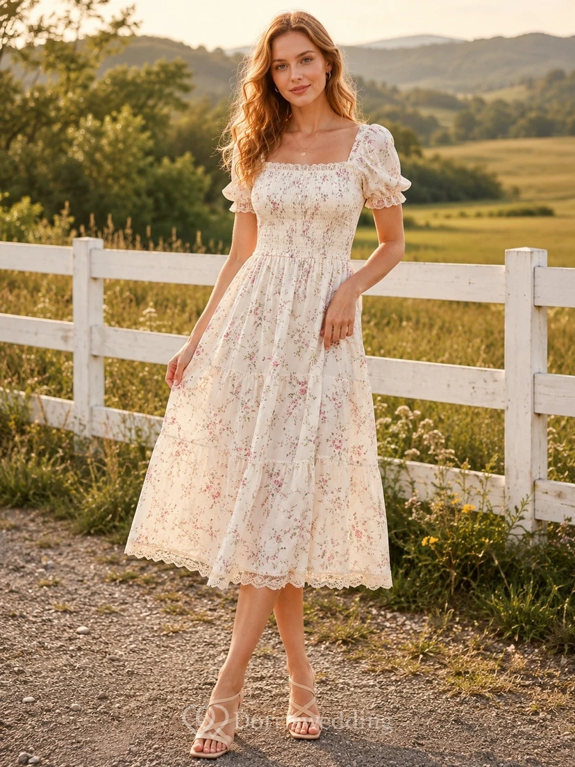 Lässiges, kurzärmeliges, teelanges Sommerkleid aus floraler Spitze im Landhausstil