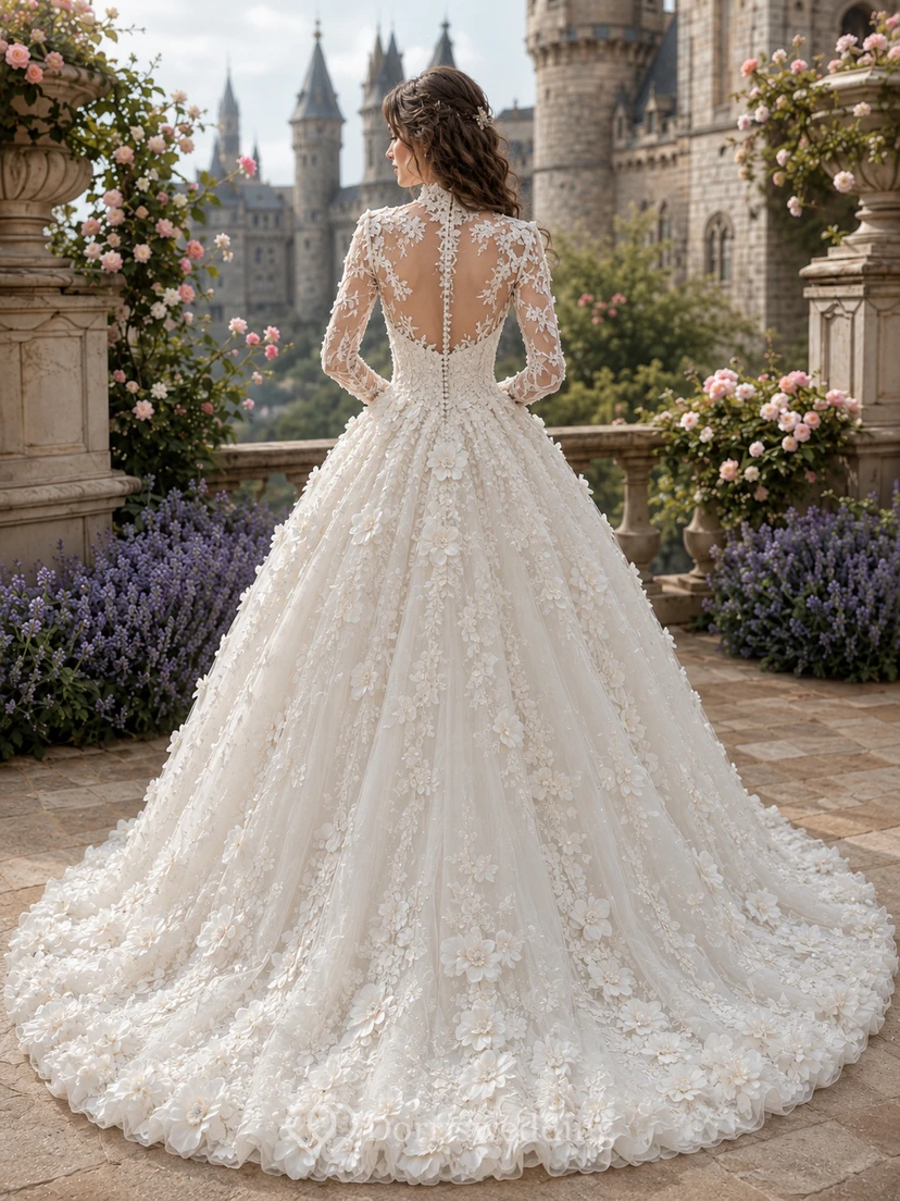 Long Sleeve 3D Floral Castle Garden Ball Gown view 2
