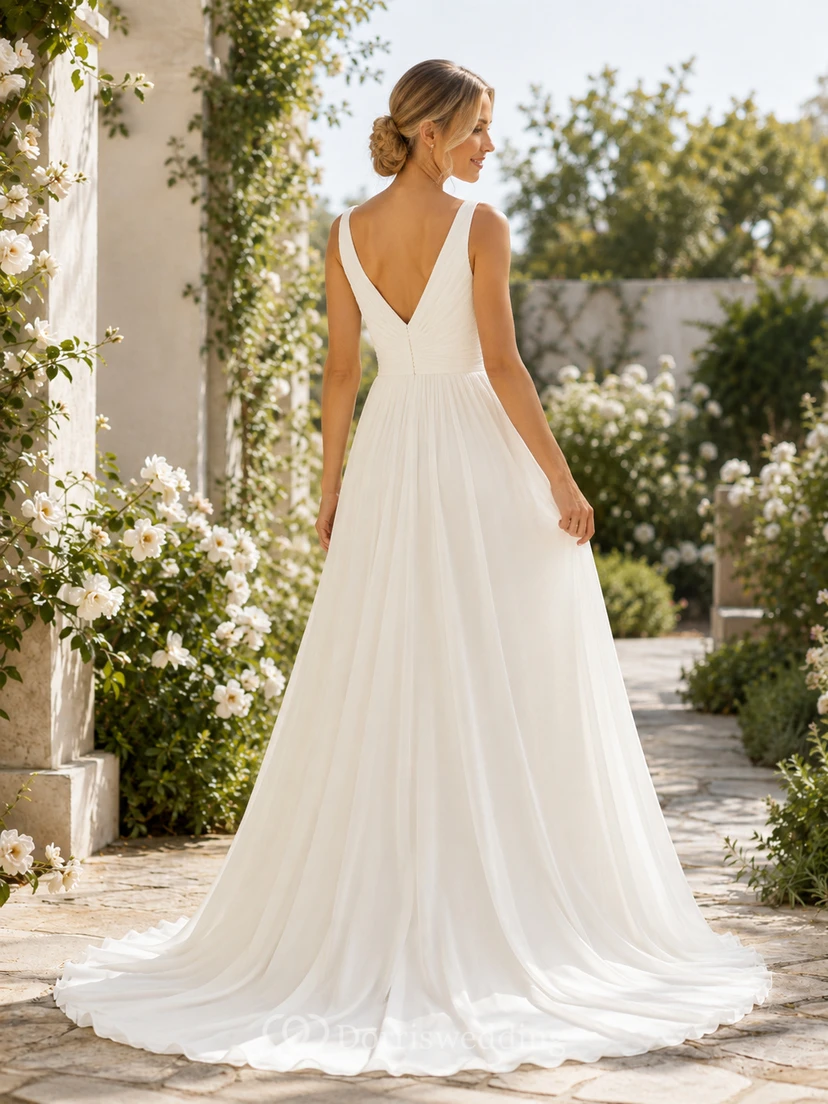 Chiffon-Hochzeitskleid, A-Linie, V-Ausschnitt, ärmellos, Kapellenschleppe, tiefer V-Ausschnitt am Rücken view 2