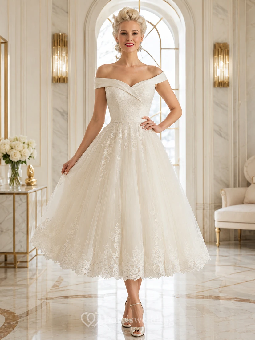 Elegante vestido de recepción de novia de satén con encaje y escote Bardot, largo hasta la rodilla y corte en A.