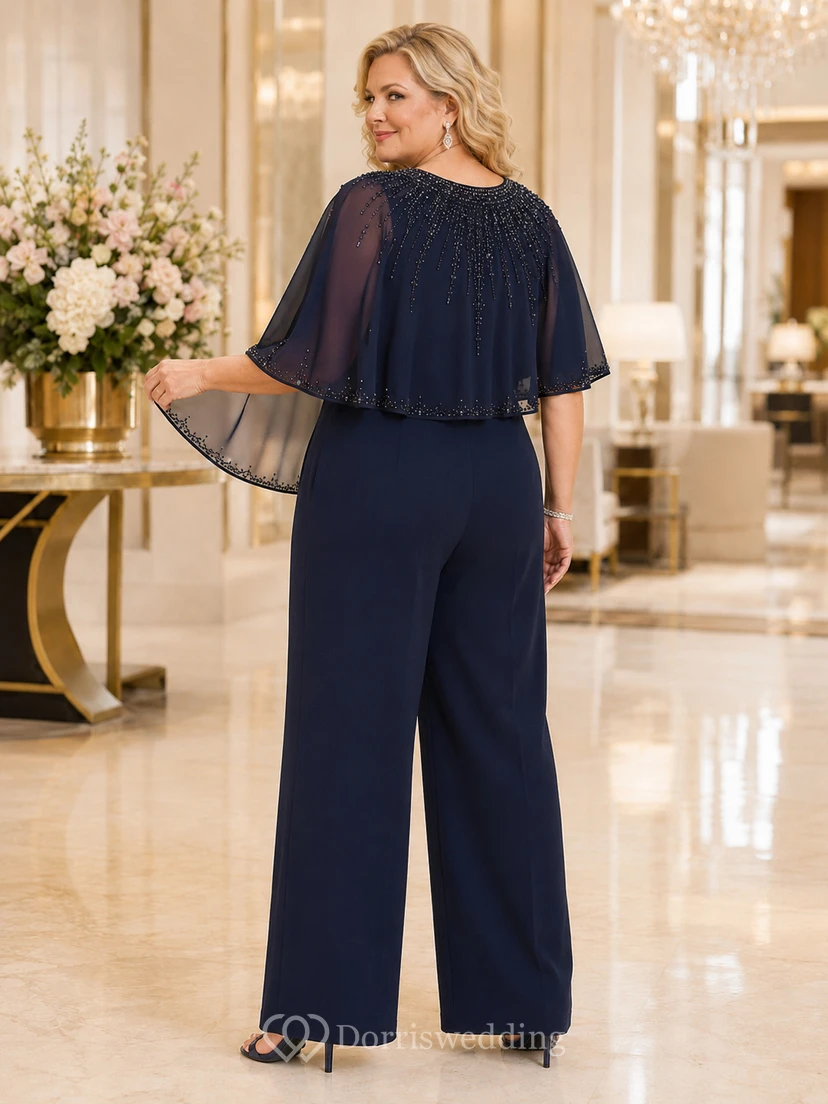 Eleganter Jumpsuit in Übergröße, dunkelblau, mit Rundhalsausschnitt, Perlenbesatz, kurzem Cape-Ärmel, weitem Bein und formeller Abendgarderobe view 2