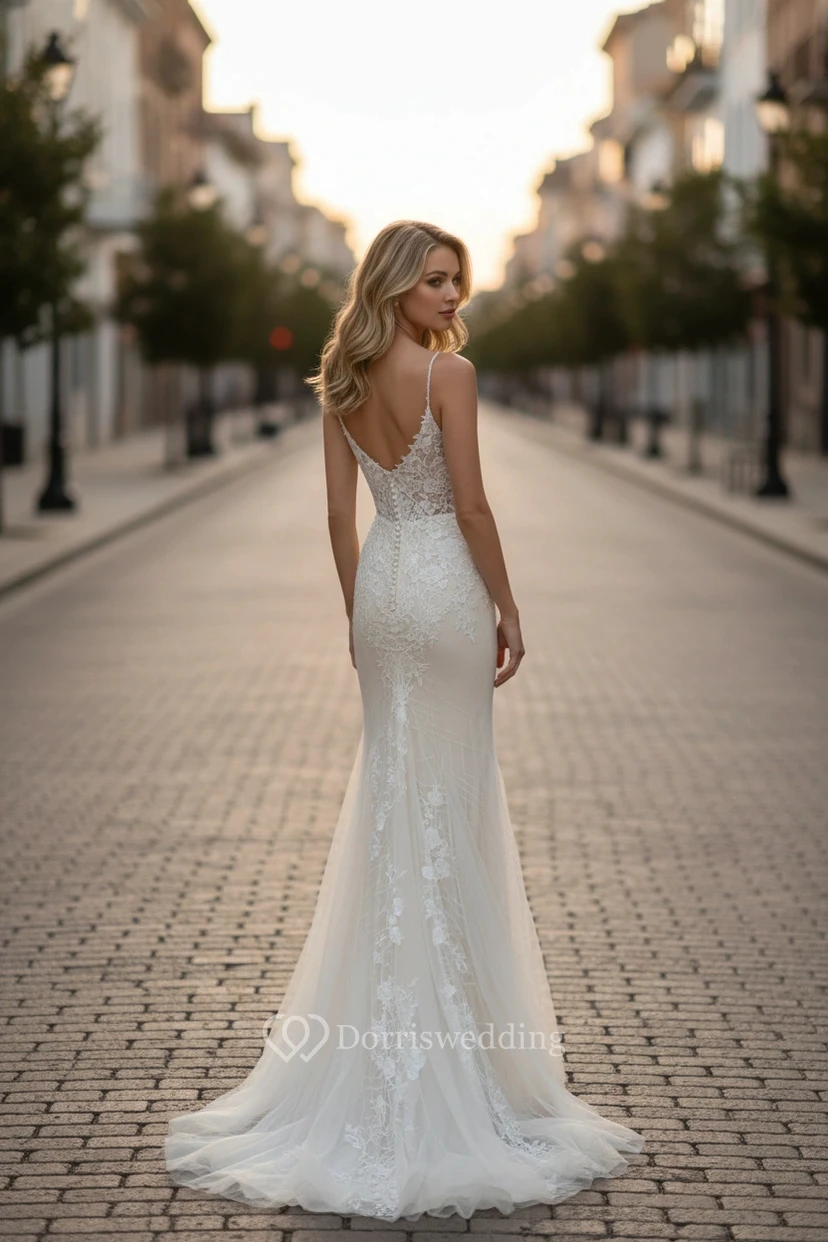 Robe de mariée sirène à bretelles et col en V en dentelle view 2