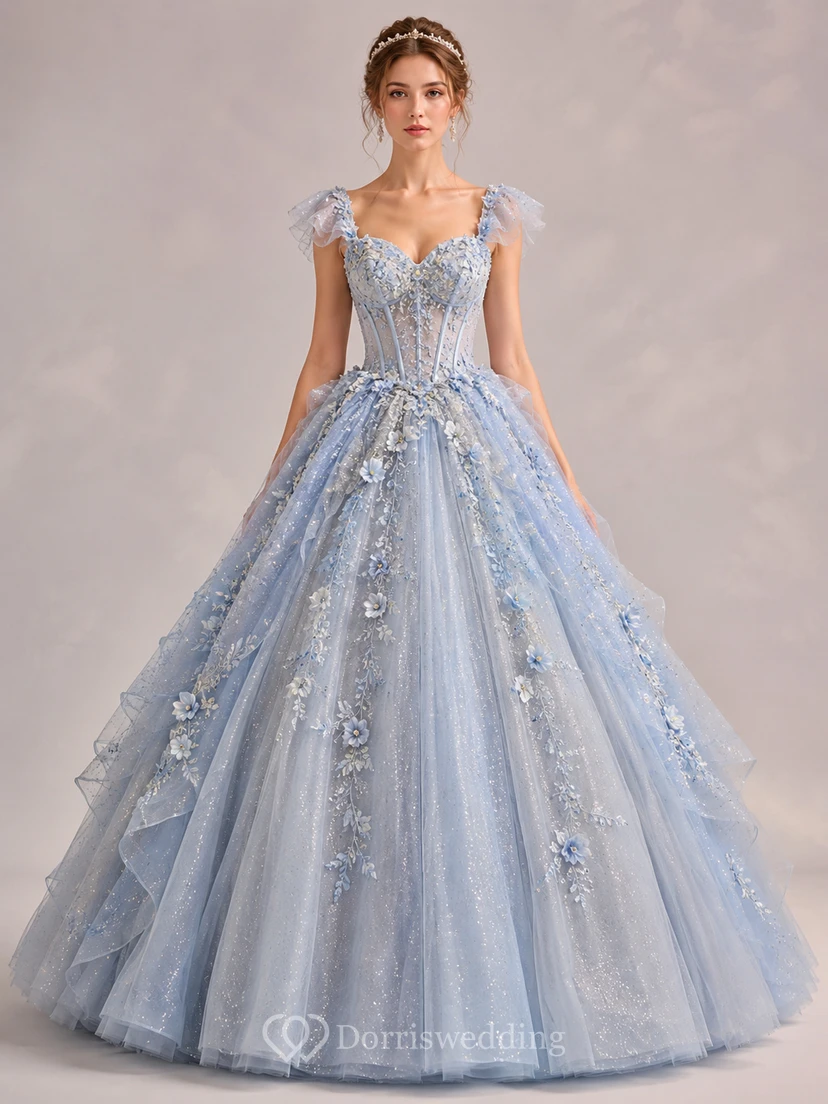 Ballkleid aus Spitze mit V-Ausschnitt, kurzen Ärmeln und applizierten Blumen, bodenlang