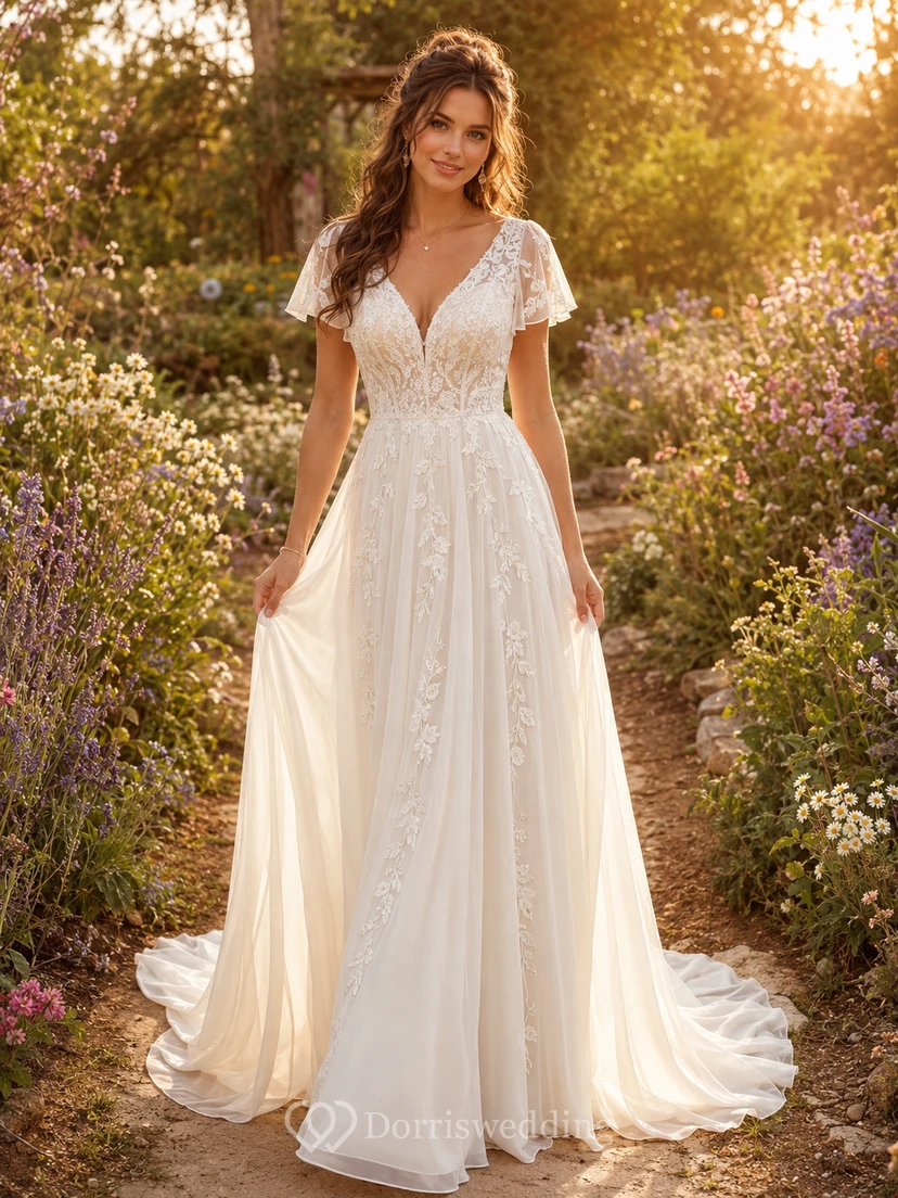 Beach Lace Tulle Wedding Dress A-Line V-Neck Cap Sleeve Sweep Train Bridal Gown