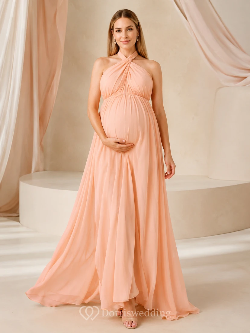 Robe de soirée de maternité pêche, dos nu, plissée, en mousseline de soie, coupe trapèze, longue jusqu'au sol, dos nu.