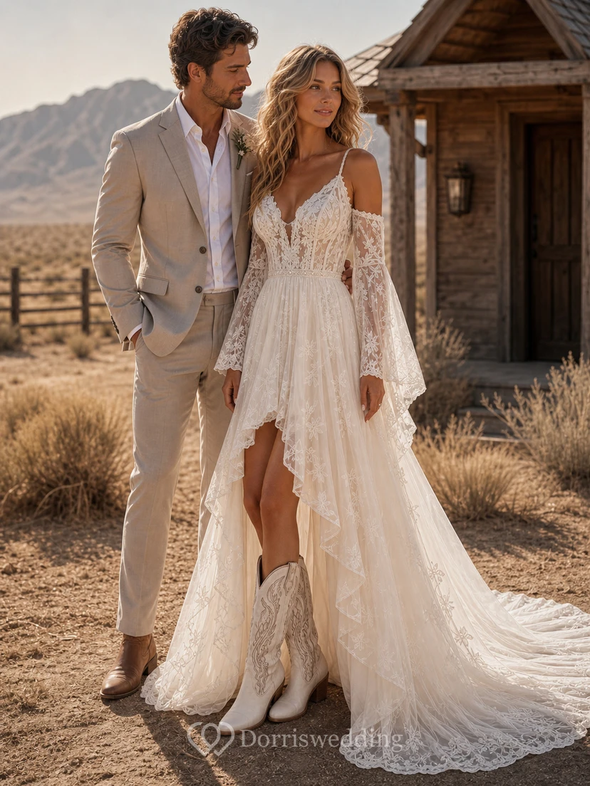 Western Vintage Country A-Linien-Brautkleid, schulterfrei, lange Ärmel, herzförmiger Ausschnitt, Tüllspitzenapplikationen, High-Low-Schlupf, Kapellenschleppe, Elfenbein view 3