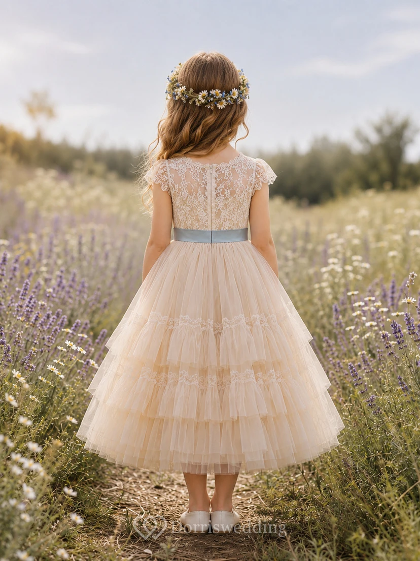Stufenkleid aus Tüll mit blauer Schärpe für Blumenmädchen view 2