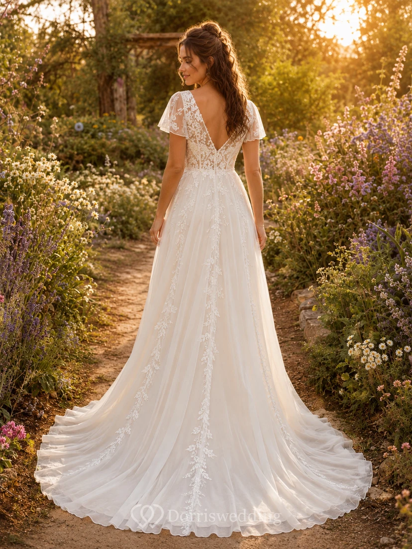 Beach Lace Tulle Wedding Dress A-Line V-Neck Cap Sleeve Sweep Train Bridal Gown view 2