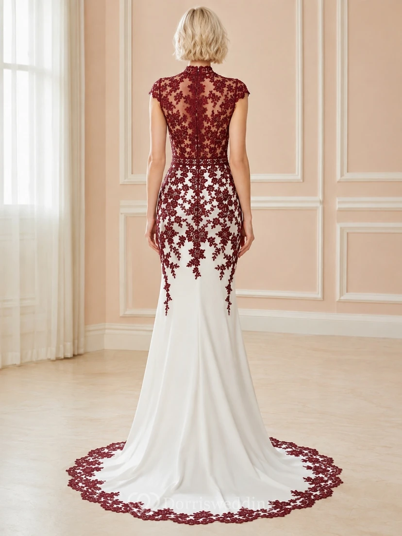 Elegantes Vintage-Brautkleid im Meerjungfrauen-/Trompetenstil mit burgunderfarbenem Muster und hohem Kragen, kurzen Ärmeln und Schleppe view 2