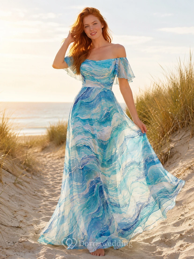 Vestido largo de playa con estampado de olas marinas y hombros descubiertos