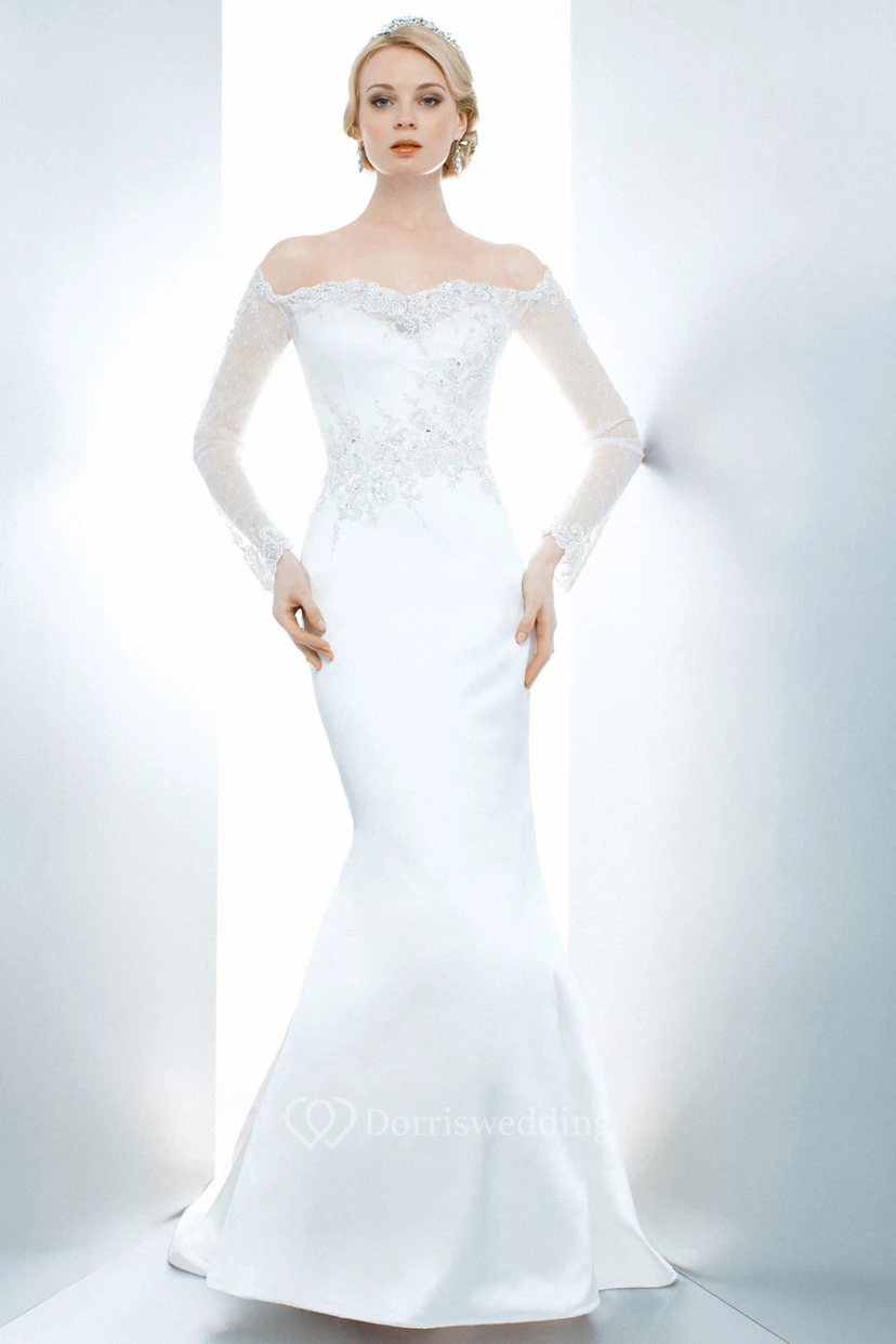 Mermaid Appliqued Off-The-Shoulder Illusion Sleeve Satin Wedding Dress