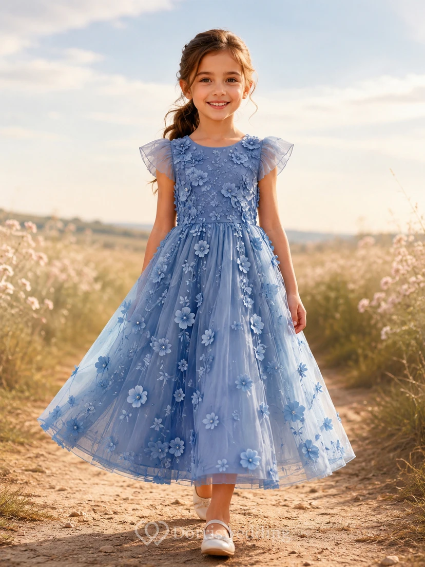 Blumenmädchenkleid, stahlblau, aus Spitze und Tüll, A-Linie, Rundhalsausschnitt, Teelänge