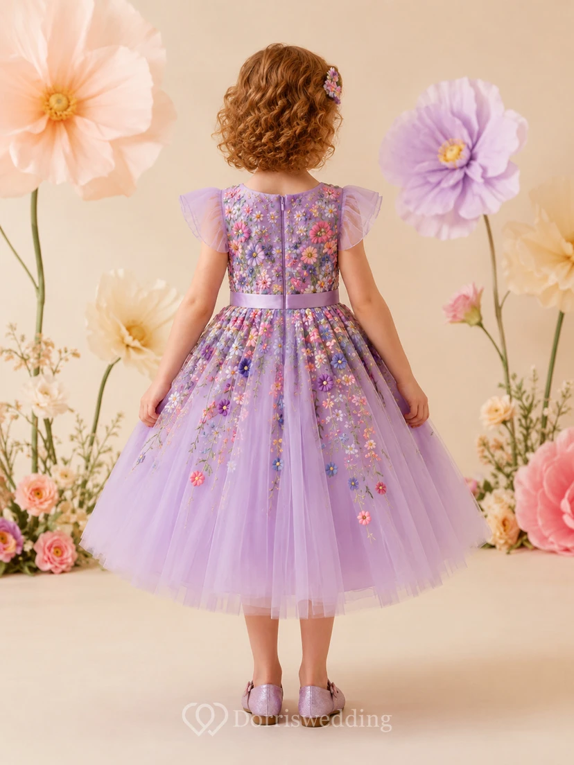 Robe de demoiselle d'honneur fantaisiste en tulle lavande ornée d'appliqués floraux colorés, jupe courte et volants scintillants view 2