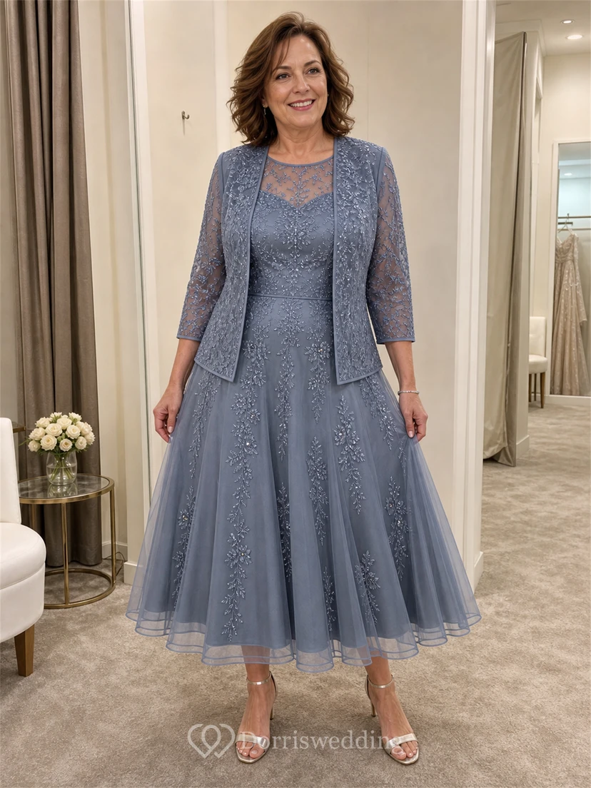 Sage Green Lace Applique Tea-Length Mother of the Bride Dress with Jacket view 12