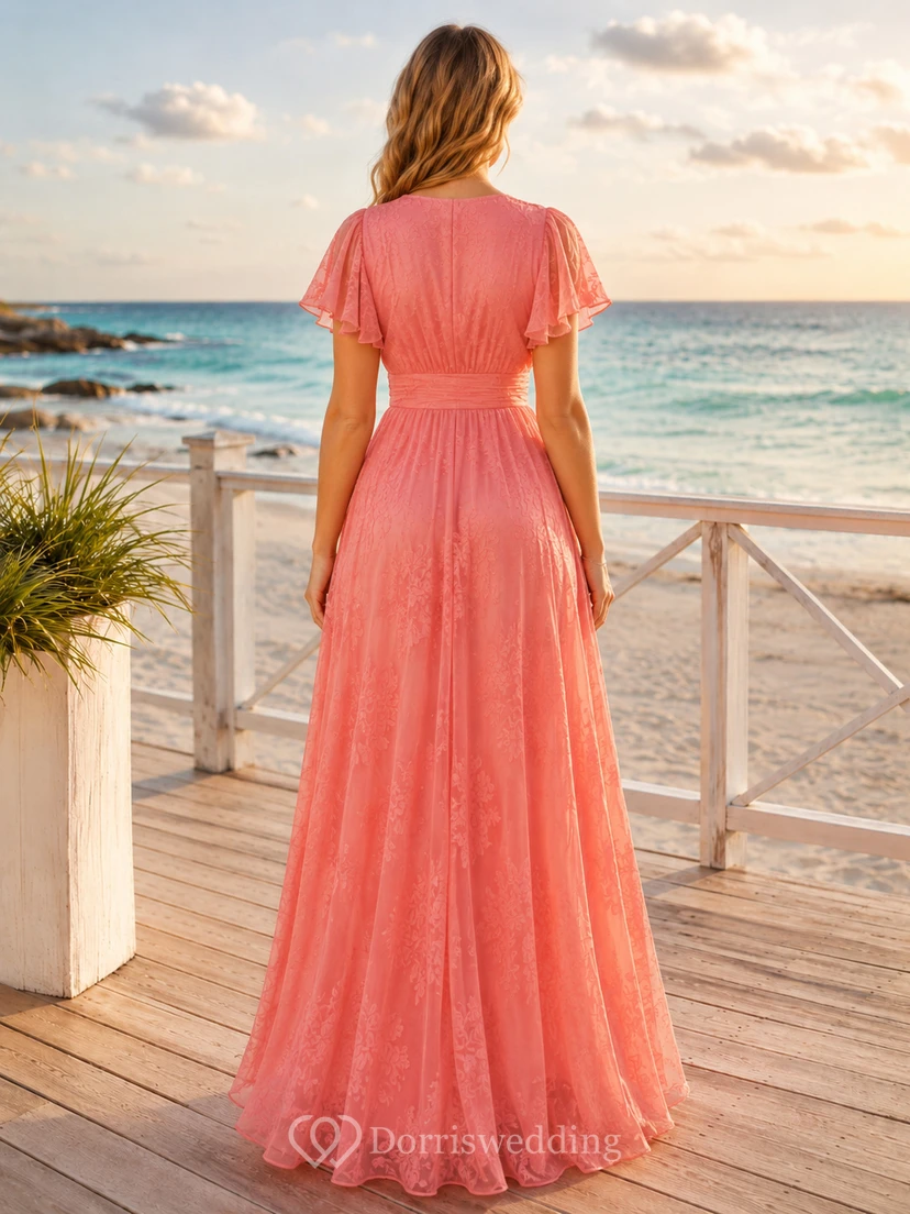 Korallenfarbenes Hochzeitsgastkleid am Meer, A-Linie, Chiffon, V-Ausschnitt, kurze Ärmel, bodenlang, Seitenschlitz view 2
