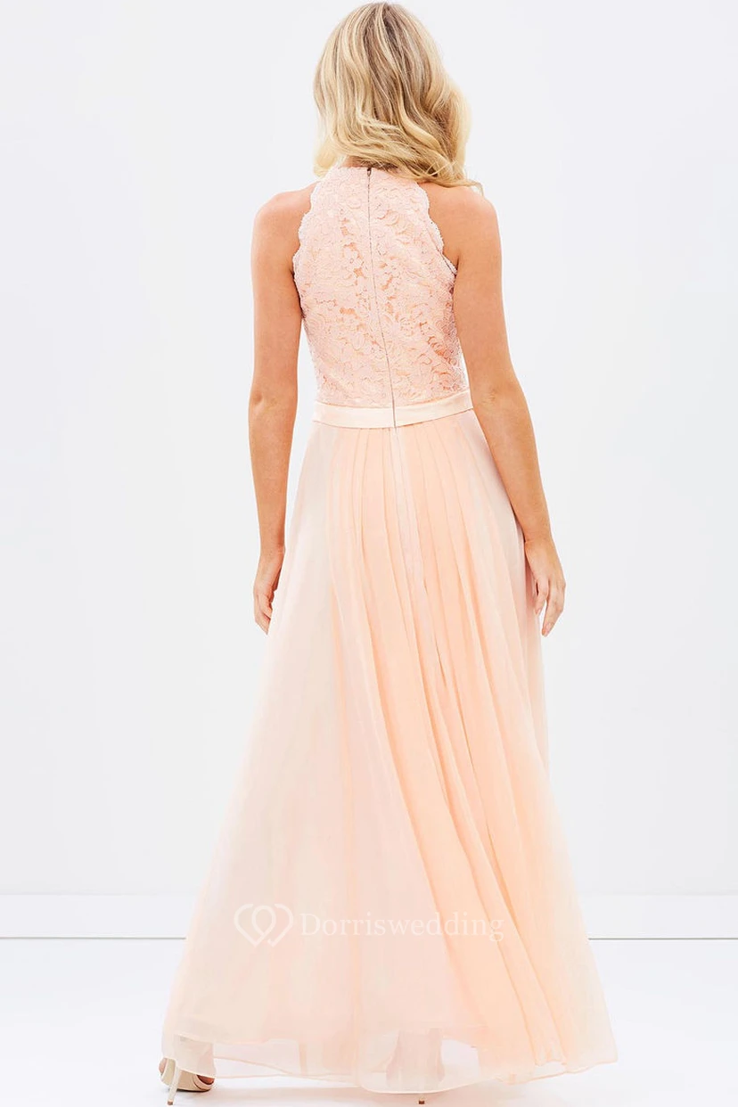 Ärmelloses, appliziertes Brautjungfernkleid aus Chiffon in Rosé mit Rundhalsausschnitt und Schleife view 2