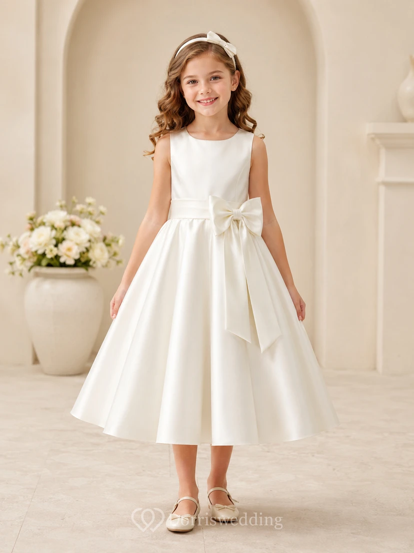 Vestido de niña de las flores, color marfil, satén, corte en A, sin mangas, cuello joya, largo hasta la rodilla, detalle de lazo.