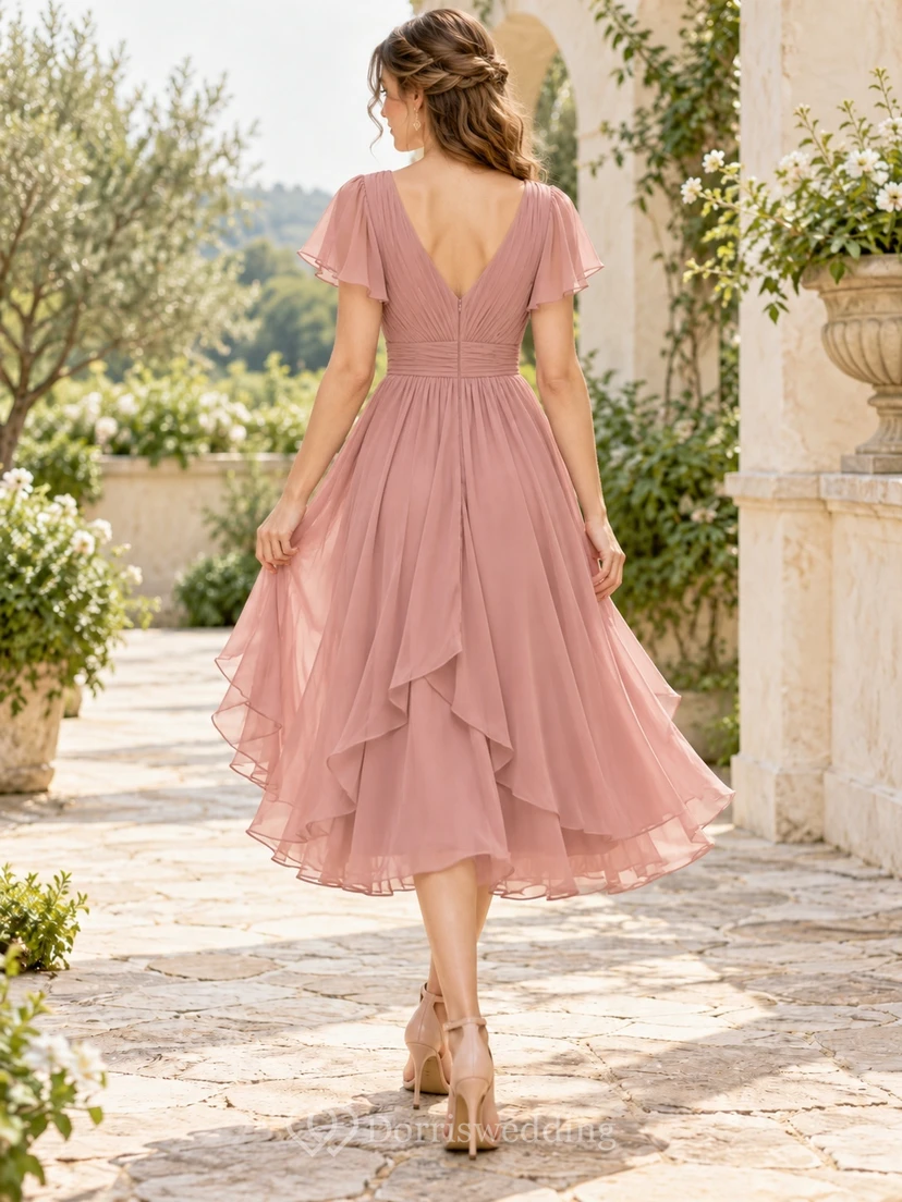 Robe cocktail mi-longue en mousseline de soie rose poudré à col en V et manches papillon view 2