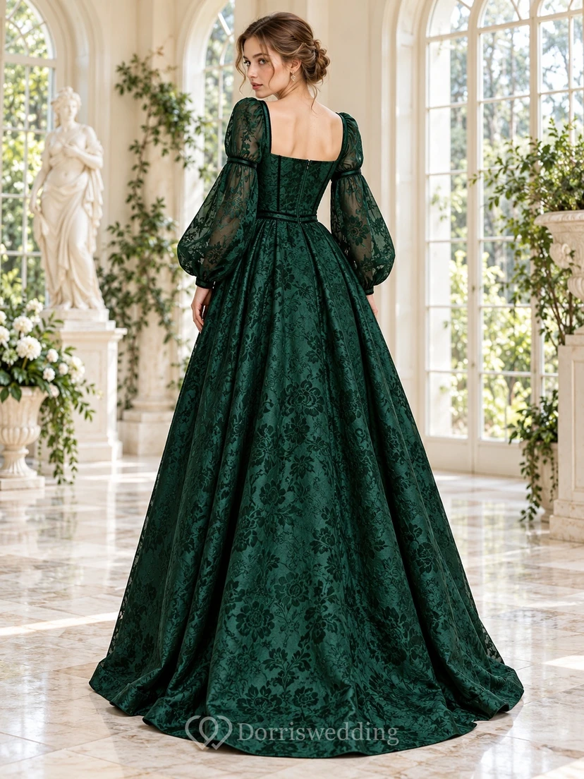 Dark Green Gothic Square Neck Bishop Sleeve Full Gown view 2
