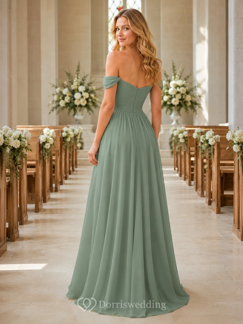 Chapel Ceremony Formal Sage Romantic Elegant A-Line Chiffon Bridesmaid Dress with Off Shoulder Sweetheart Short Sleeve Floor-Length Low Back view 2