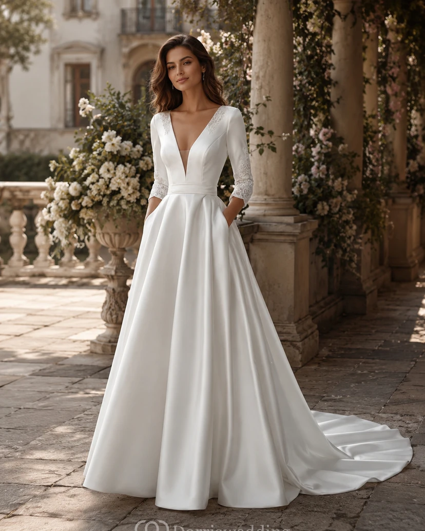 Robe de mariée élégante en satin à manches longues et décolleté plongeant, coupe trapèze view 3