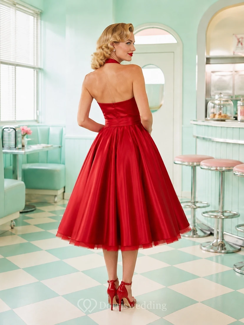 Rotes, ärmelloses Vintage-Cocktailkleid aus Satin mit Herzausschnitt und A-Linien-Schnitt, Teelänge view 2