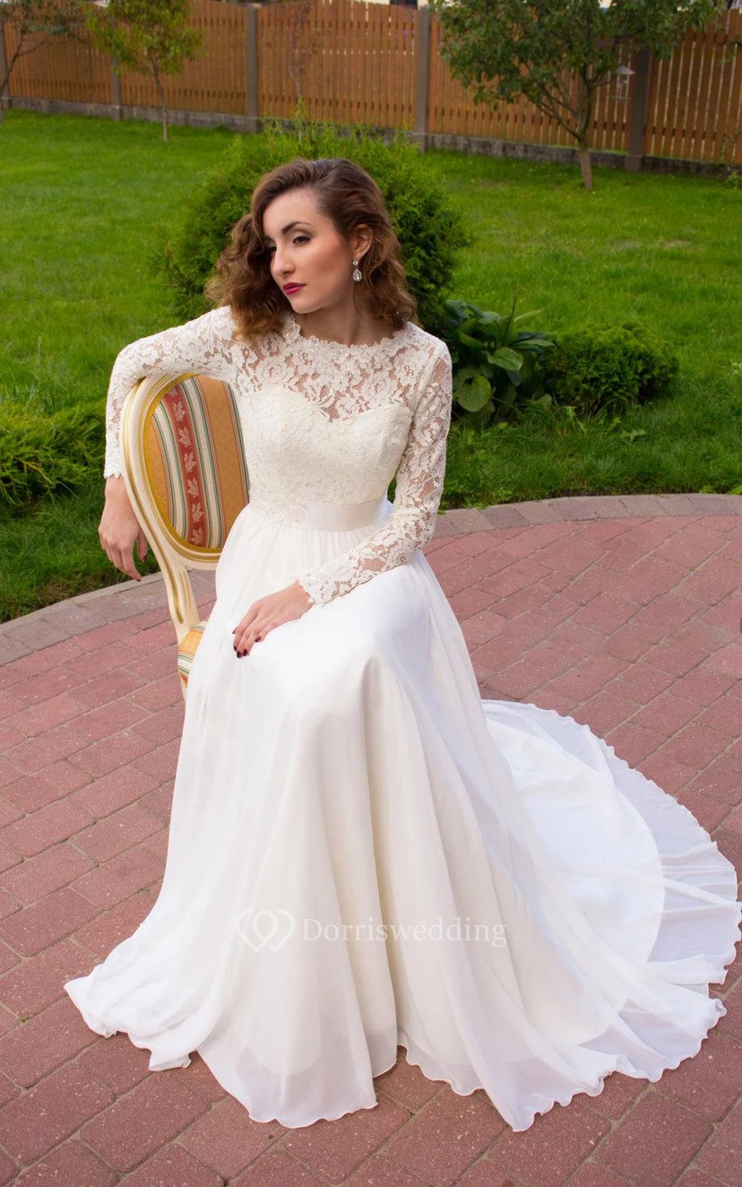 Vestido de novia de gasa, encaje y satén de manga larga