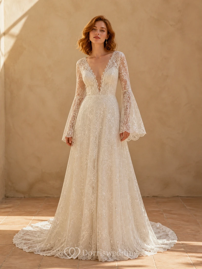 Vestido de novia bohemio de corte A con escote en V y mangas largas hasta el suelo.