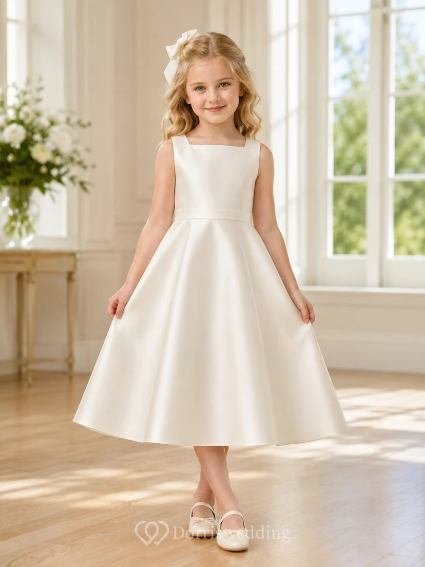 Blumenmädchenkleid aus elfenbeinfarbenem Satin, A-Linie, Rundhalsausschnitt, Teelänge, Schleifendetail