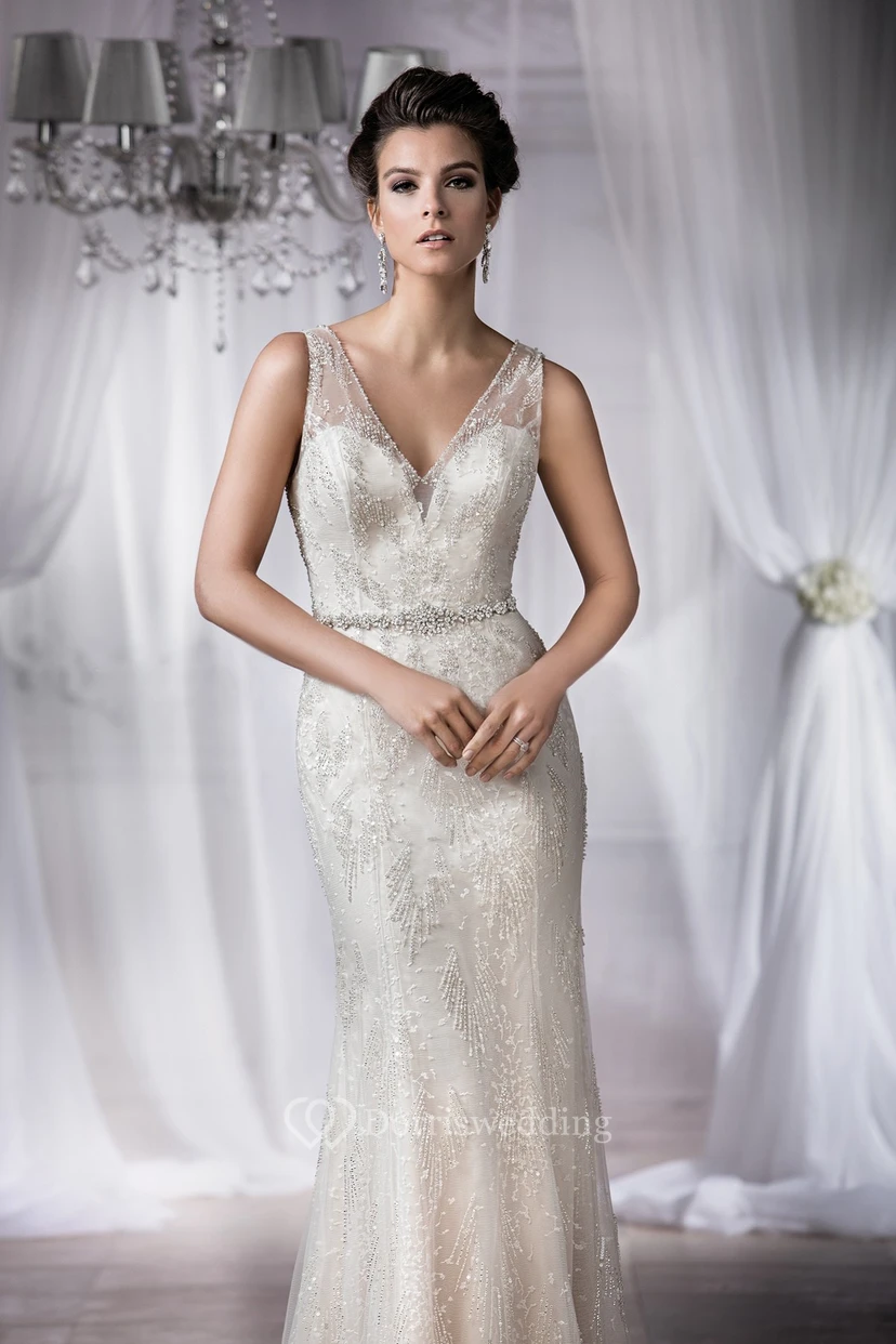 V-Neck Sleeveless Mermaid Wedding Dress With Beadings And Deep V-Back view 3