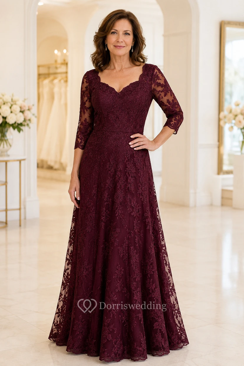 Burgunderfarbenes A-Linien-Kleid aus Spitze mit V-Ausschnitt und Dreiviertelärmeln
