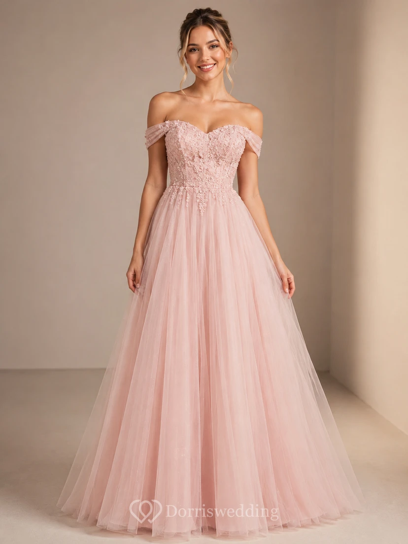 Vestido de fiesta de encaje con corte en A, escote Bardot, sin mangas y fruncido de encaje, largo hasta el suelo.