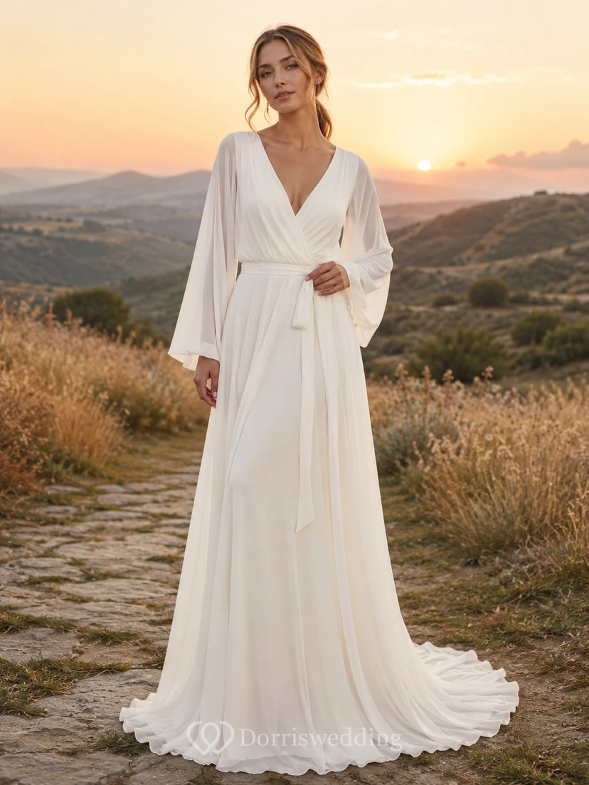 Robe de mariée en mousseline à manches longues cloche et portefeuille pour une escapade romantique à la campagne