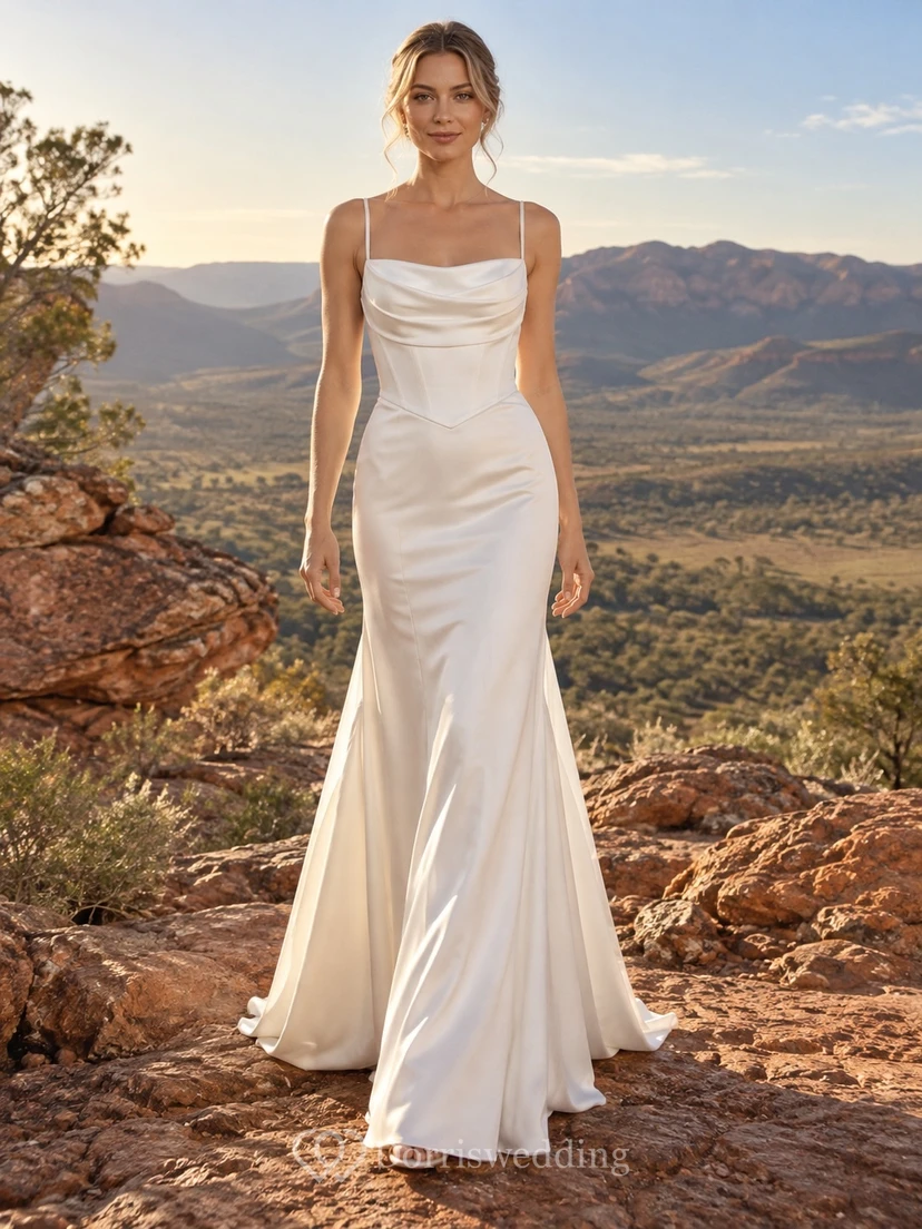 Einfaches Brautkleid mit Wasserfallausschnitt, Spaghettiträgern, Meerjungfrauen-Schleppe, Satin