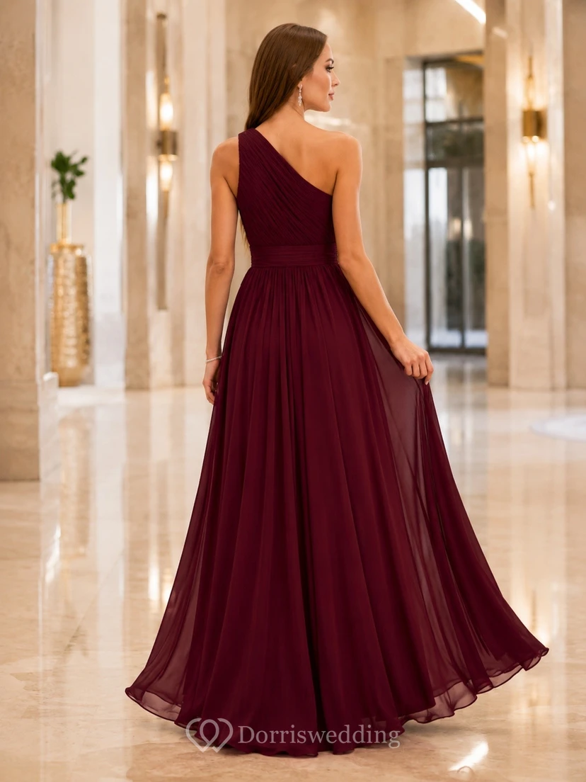 Burgundy One Shoulder Chiffon A Line Romantic Evening Dress view 2