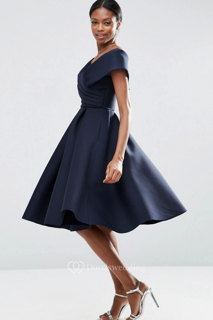 A-Line V-Neck Knee-Length Ruched Satin Bridesmaid Dress