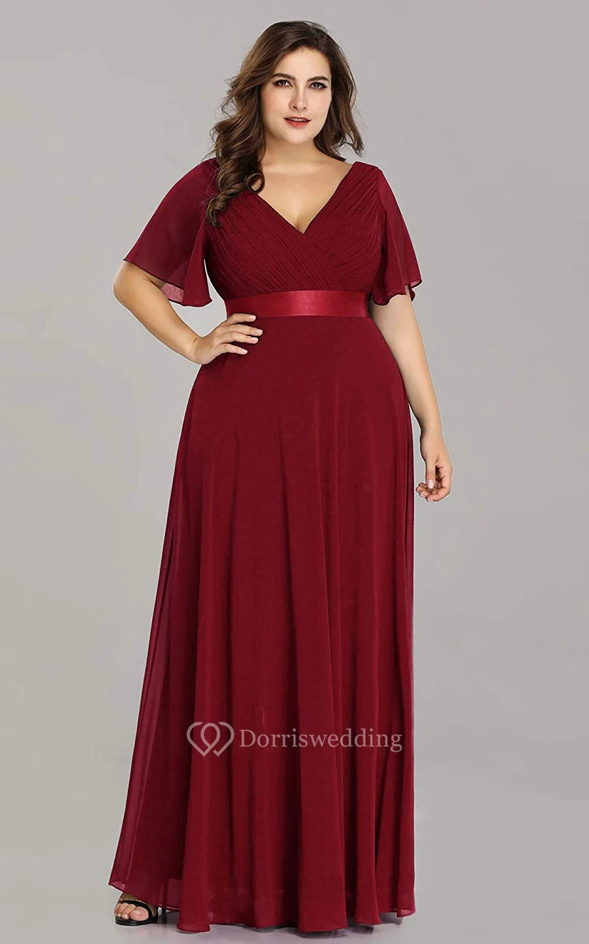 Romantic Chiffon V-neck Half Sleeve A Line Formal Dress With Criss Cross and Ruching view 7
