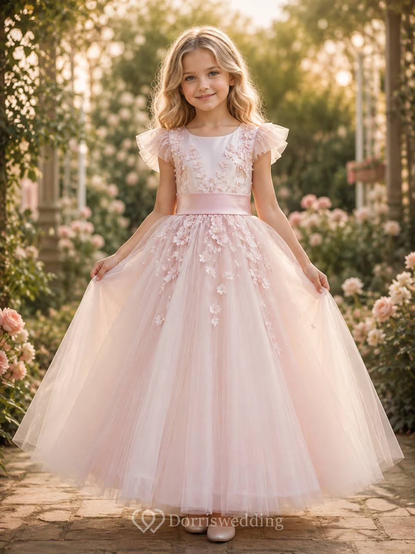 Flower Girl Dress Blush Lace Tulle A-Line Short Sleeve Jewel Neck Tea Length