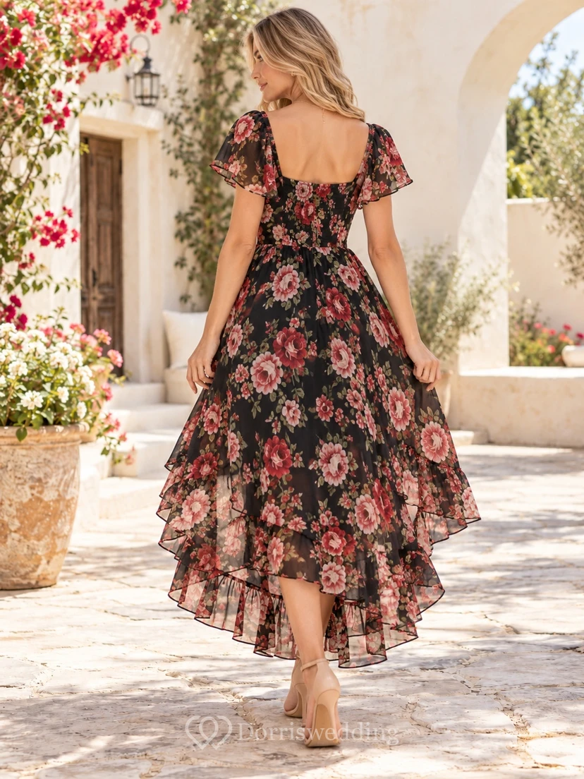 Black High-low Sweetheart Rose Print Flutter Sleeve Summer Guest Dress view 2