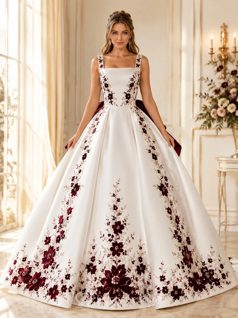Burgunderfarbenes, eckiges Satin-Ballkleid mit Spaghettiträgern, Stickerei und Schleife, bestickt, mit Spaghettiträgern