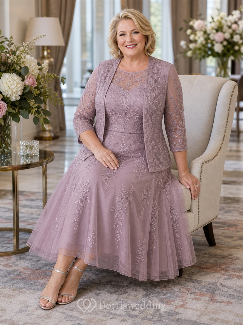 Sage Green Lace Applique Tea-Length Mother of the Bride Dress with Jacket view 6