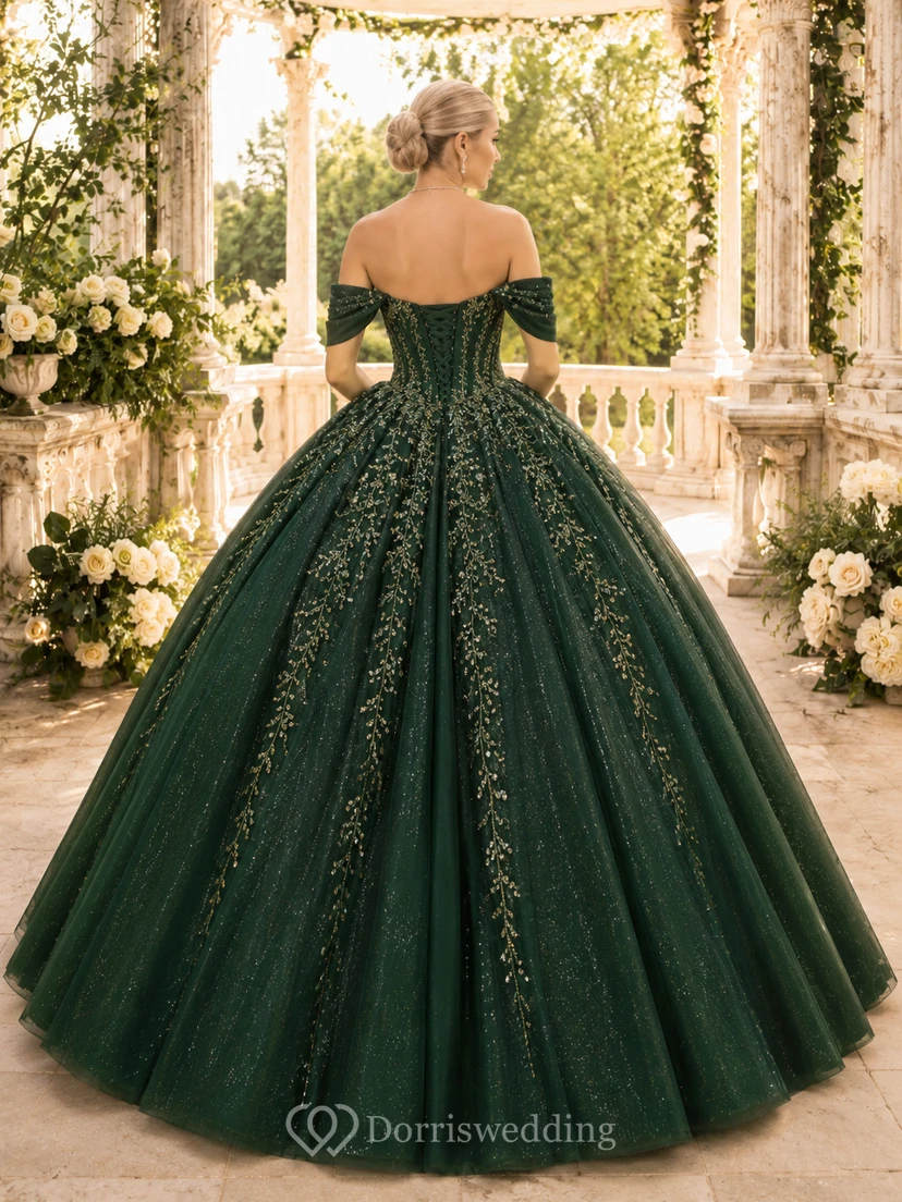 Dark Green Off-Shoulder Beaded Vine-Applique Tulle Ball-Gown Quinceanera Dress Luxury view 2